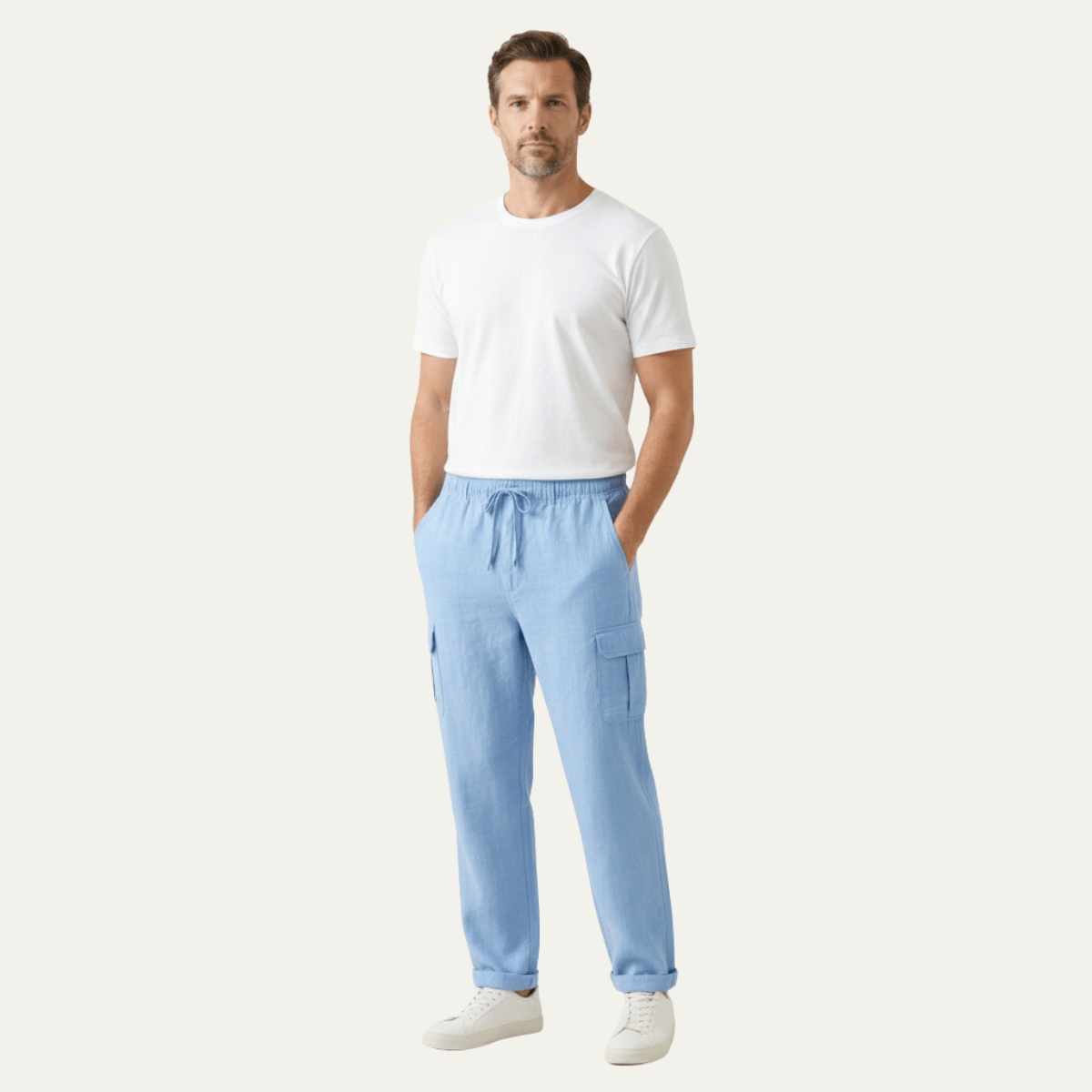 Pantaloni cargo da uomo in lino - vestibilità ampia, design con molte tasche