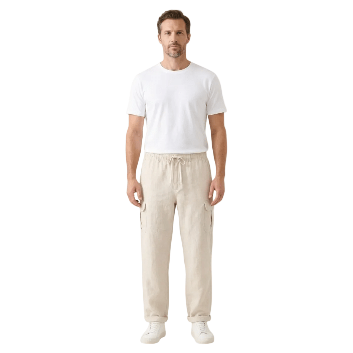 Pantaloni cargo da uomo in lino - vestibilità ampia, design con molte tasche