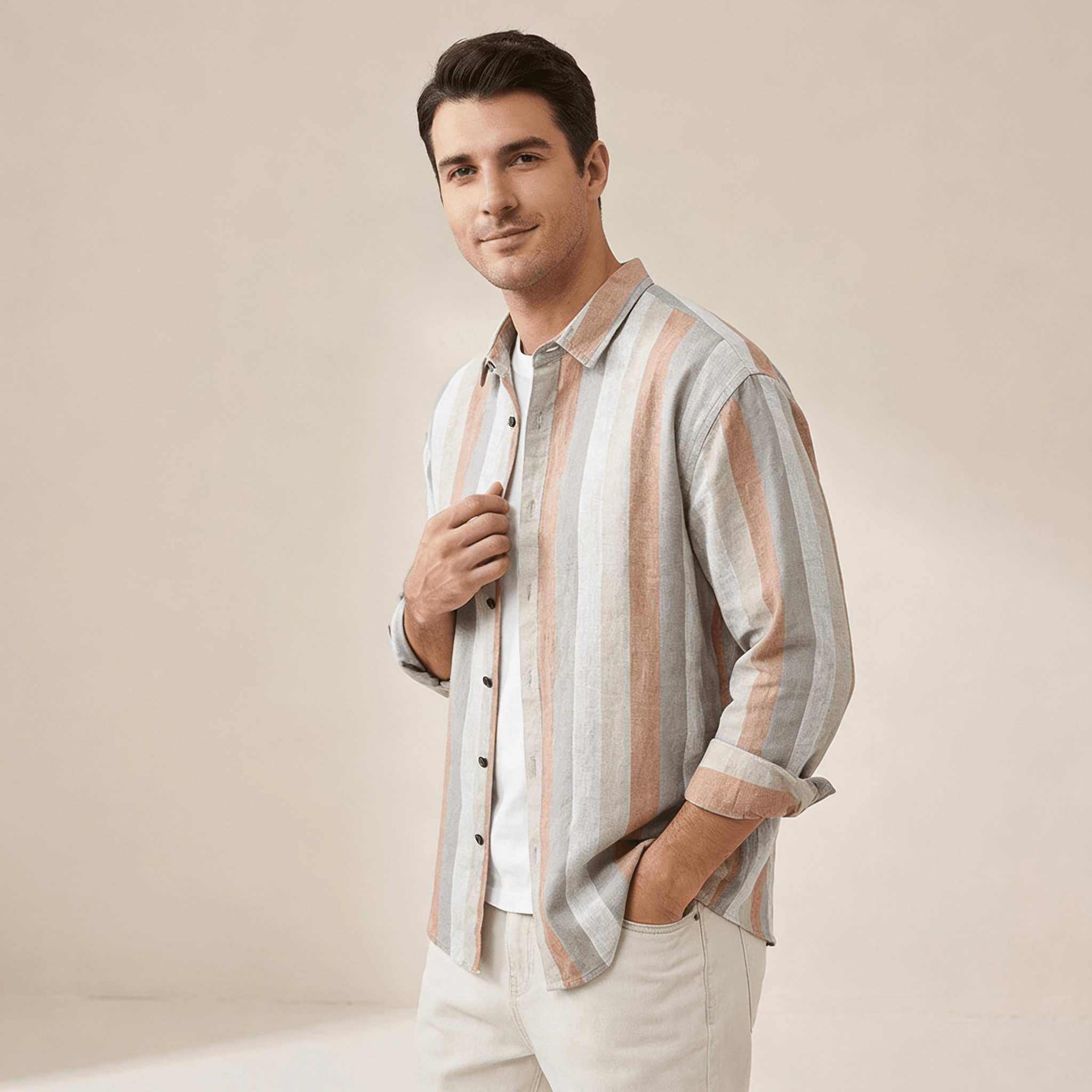 Camicia da uomo in lino — Vestibilità rilassata, maniche lunghe, chiusura con bottoni