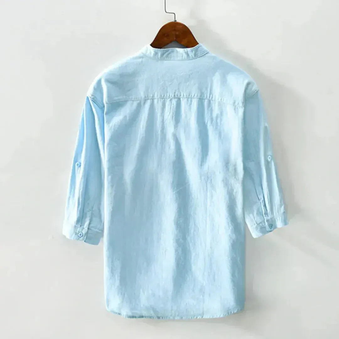 Camicia da uomo in lino — Vestibilità rilassata, maniche a tre quarti, chiusura frontale con bottoni