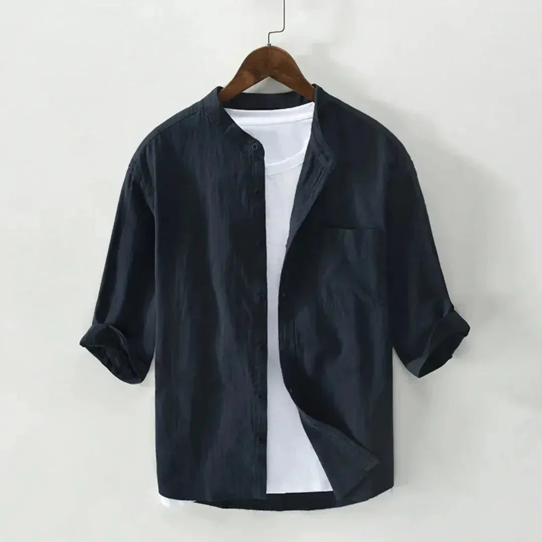 Camicia da uomo in lino — Vestibilità rilassata, maniche a tre quarti, chiusura frontale con bottoni