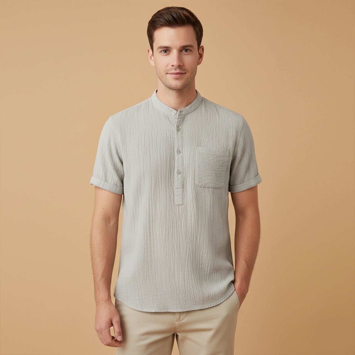 Chemise Homme en Lin - Manches Courtes Col Henley Style Pull-Over