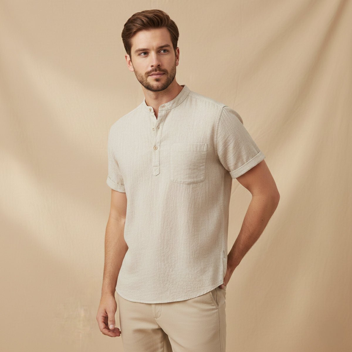 Leinenhemd Herren - Kurzarm Lockere Passform Henley-Knopfleiste
