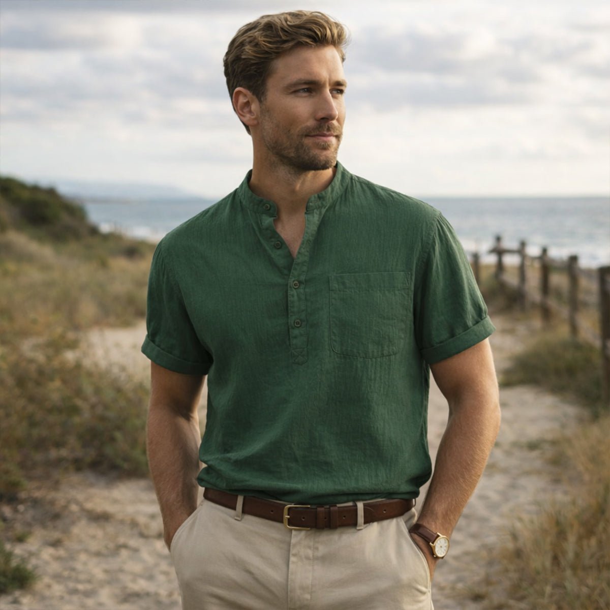 Leinenhemd Herren - Kurzarm Lockere Passform Henley-Knopfleiste