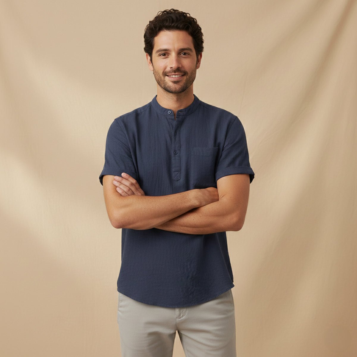 Chemise Homme en Lin - Manches Courtes Coupe Ample Patte Henley