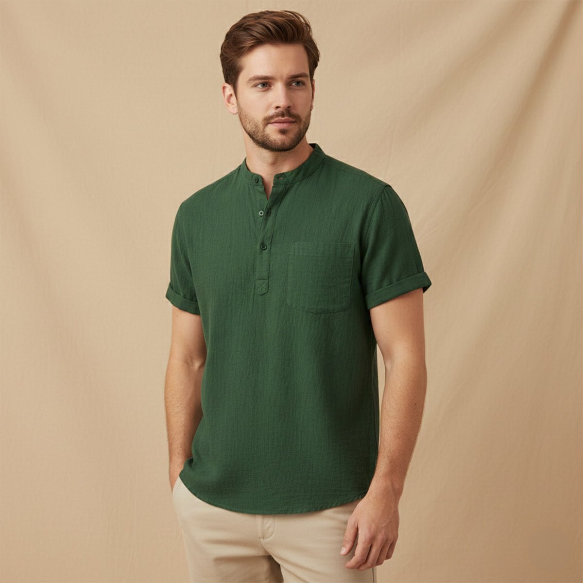 Leinenhemd Herren - Kurzarm Lockere Passform Henley-Knopfleiste