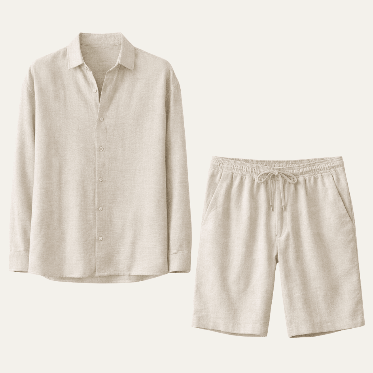 Completo camicia e pantaloncini da uomo in lino — Maniche lunghe, vestibilità ampia, chiusura con bottoni
