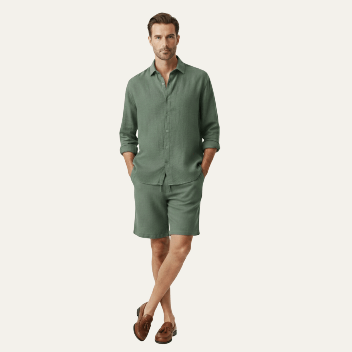 Completo camicia e pantaloncini da uomo in lino — Maniche lunghe, vestibilità ampia, chiusura con bottoni