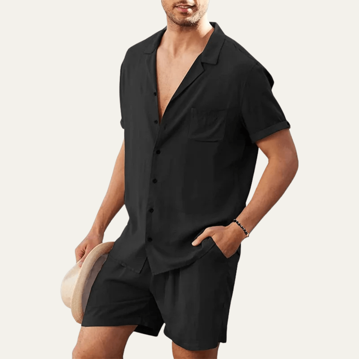 Completo camicia e pantaloncini da uomo in lino — Vestibilità ampia, maniche corte, chiusura con bottoni