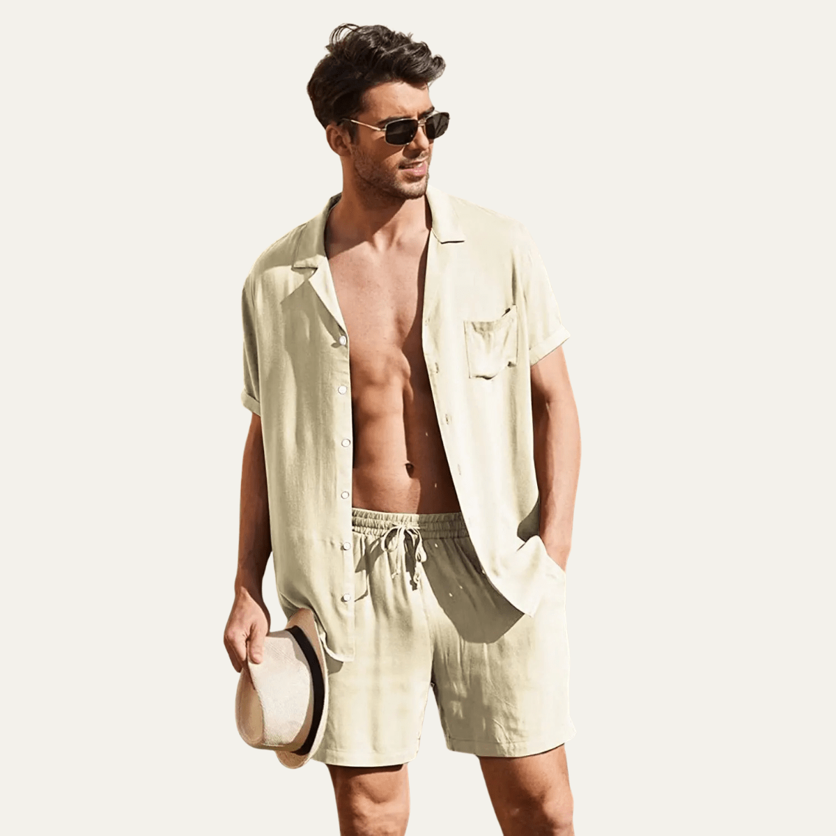 Completo camicia e pantaloncini da uomo in lino — Vestibilità ampia, maniche corte, chiusura con bottoni