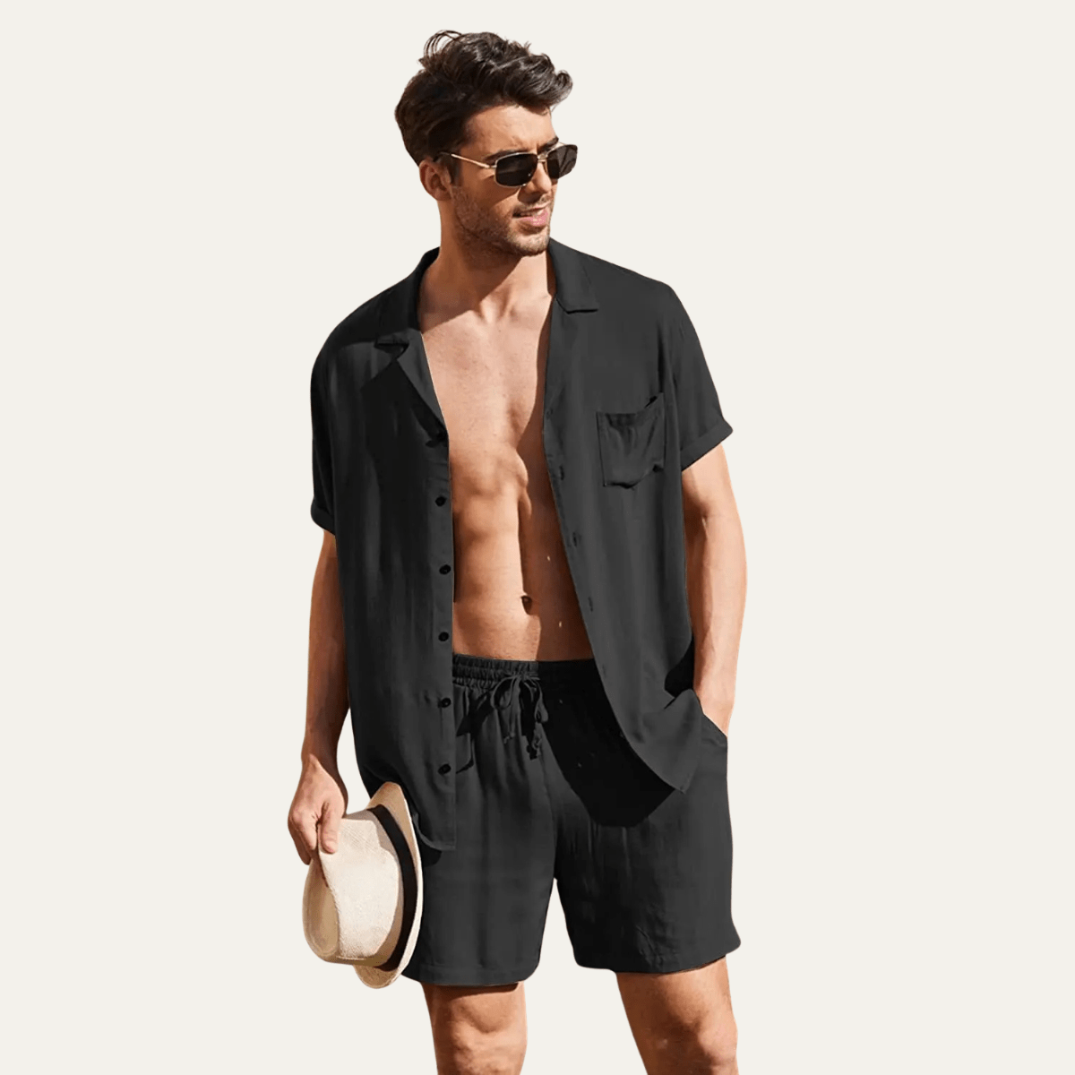 Completo camicia e pantaloncini da uomo in lino — Vestibilità ampia, maniche corte, chiusura con bottoni