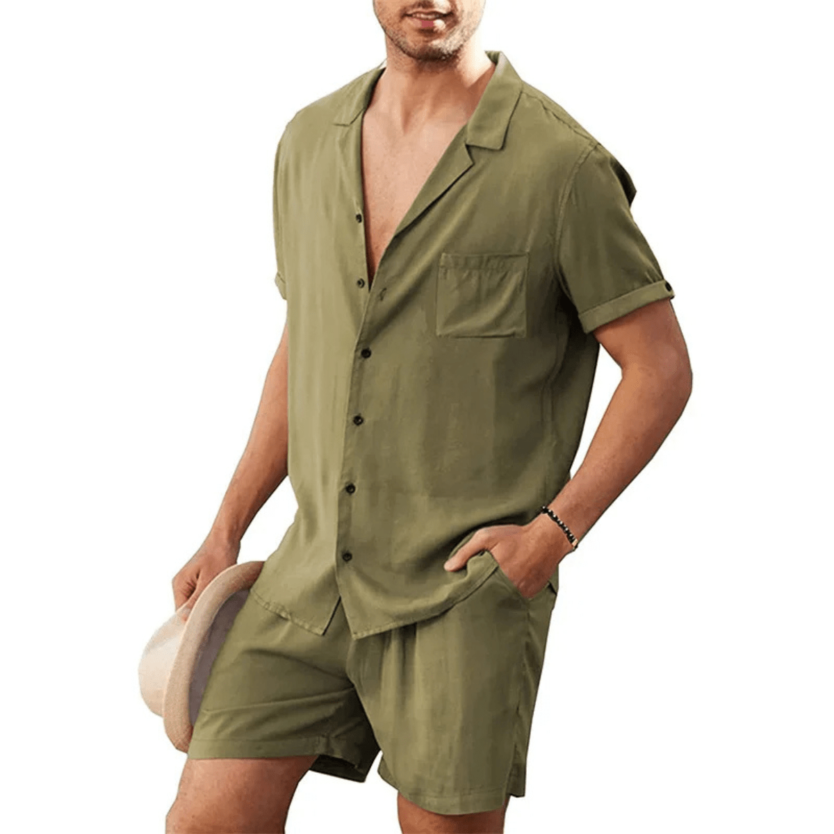 Completo camicia e pantaloncini da uomo in lino — Vestibilità ampia, maniche corte, chiusura con bottoni