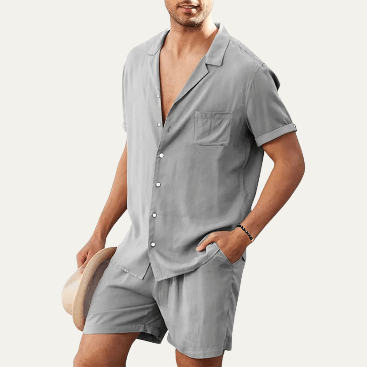 Completo camicia e pantaloncini da uomo in lino — Vestibilità ampia, maniche corte, chiusura con bottoni