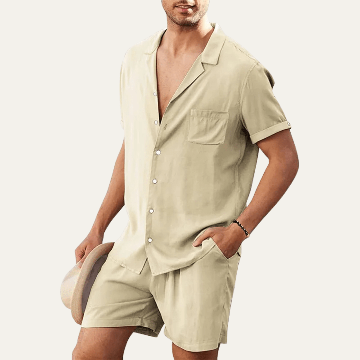 Completo camicia e pantaloncini da uomo in lino — Vestibilità ampia, maniche corte, chiusura con bottoni
