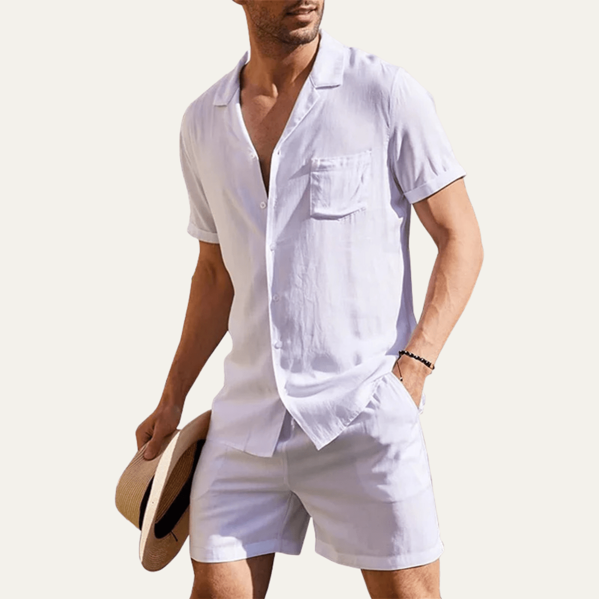 Completo camicia e pantaloncini da uomo in lino — Vestibilità ampia, maniche corte, chiusura con bottoni