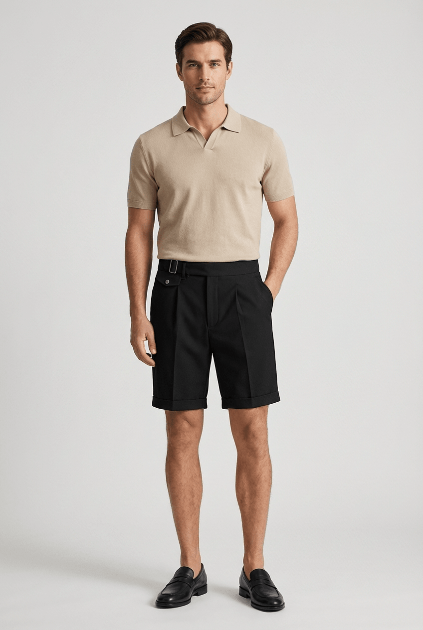 Leinen-Shorts Herren - Vorderfalten Umschlag Saum Seitenverschluss mit Schnalle
