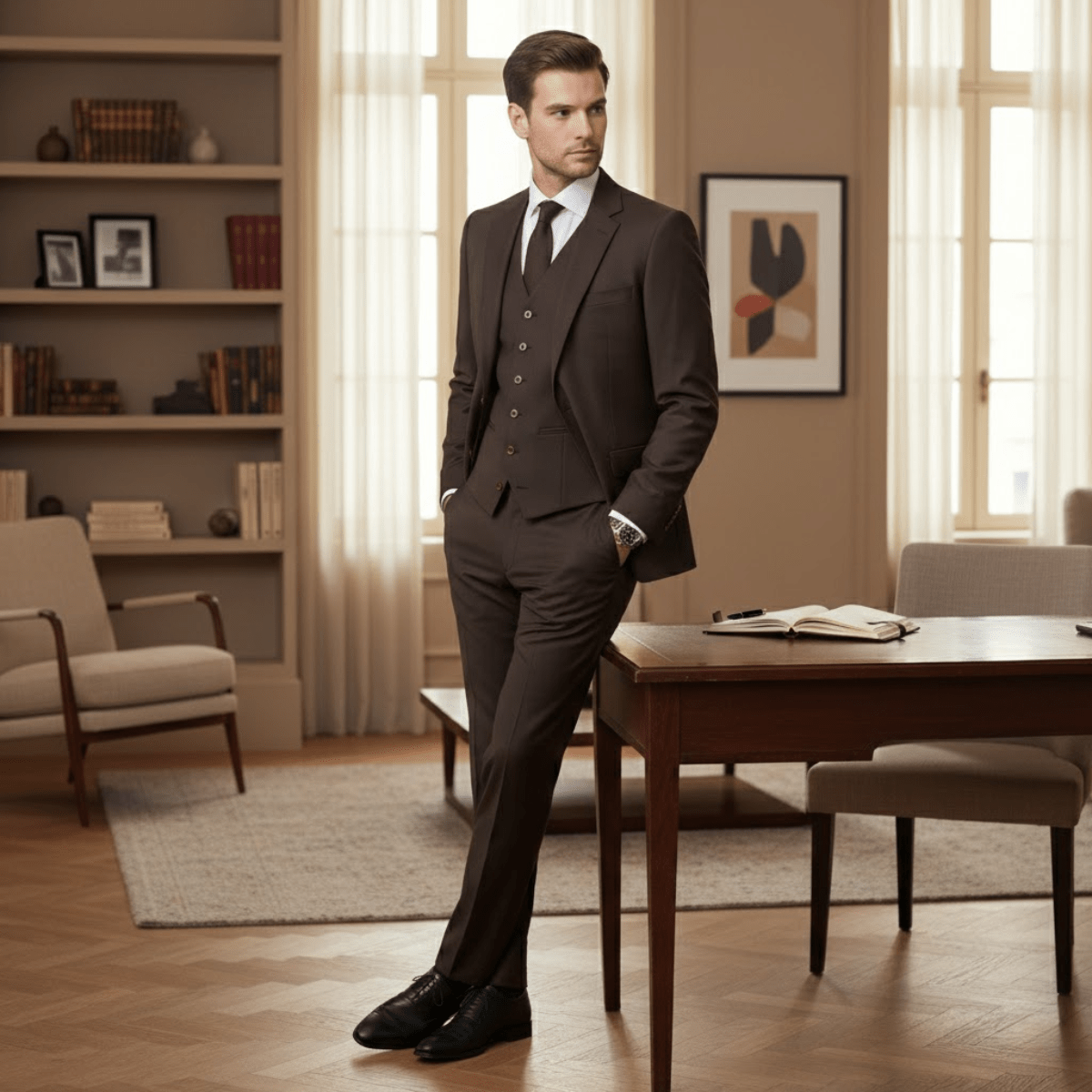 Herren Leinenanzug Set — Schmale Passform, Dreiteiler, Frontverschluss  