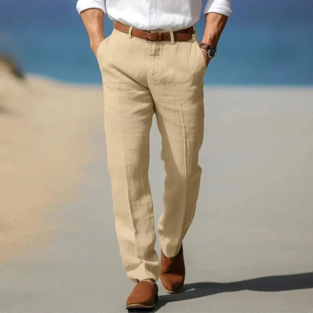 Pantaloni da uomo in lino — Vestibilità ampia, chiusura frontale con zip e passanti per cintura