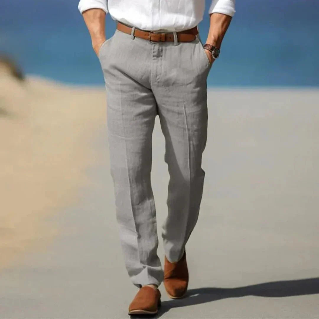 Pantaloni da uomo in lino — Vestibilità ampia, chiusura frontale con zip e passanti per cintura