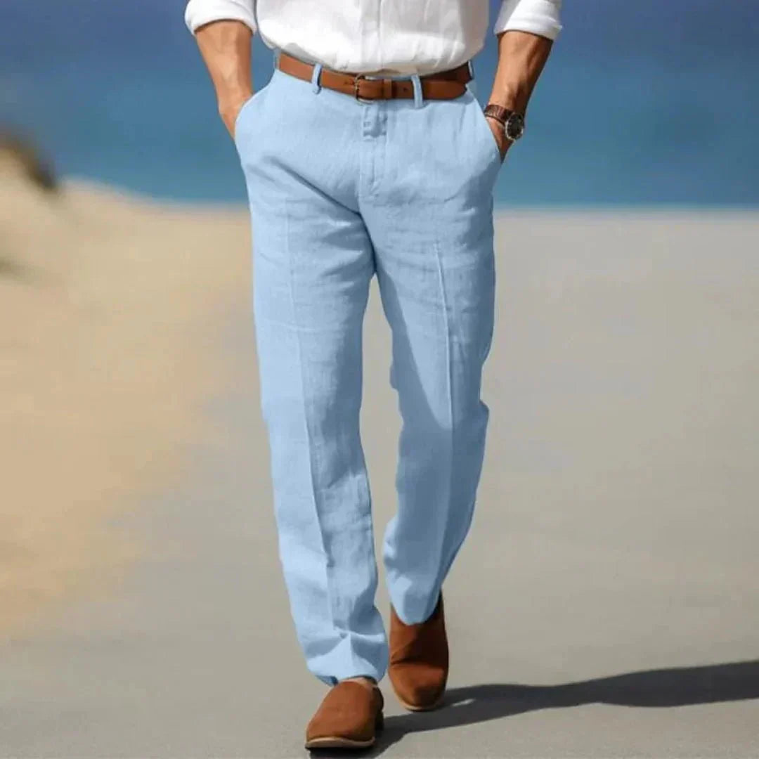 Pantaloni da uomo in lino — Vestibilità ampia, chiusura frontale con zip e passanti per cintura