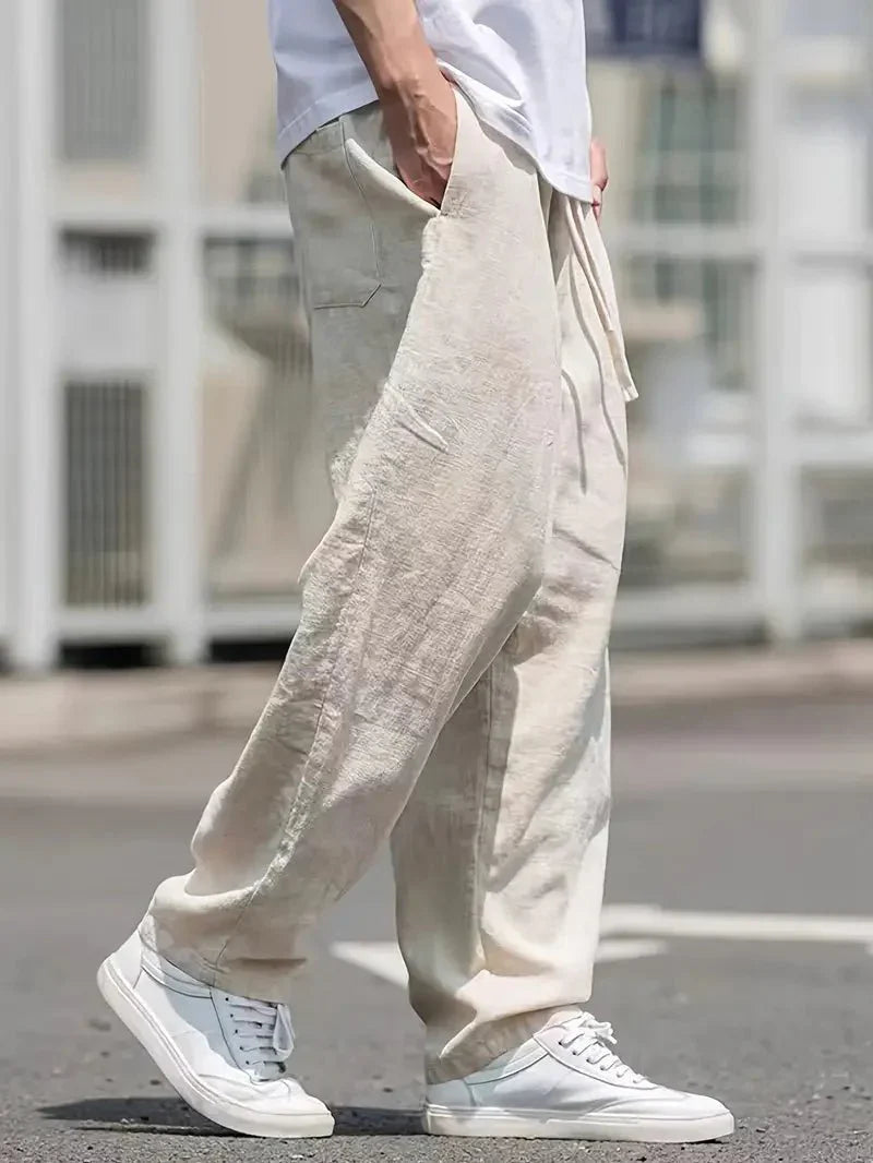 Pantaloni da uomo in lino — Gamba larga, lunghezza completa, vita elastica con coulisse
