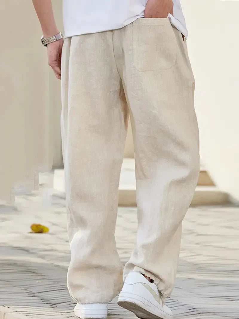 Pantaloni da uomo in lino — Gamba larga, lunghezza completa, vita elastica con coulisse