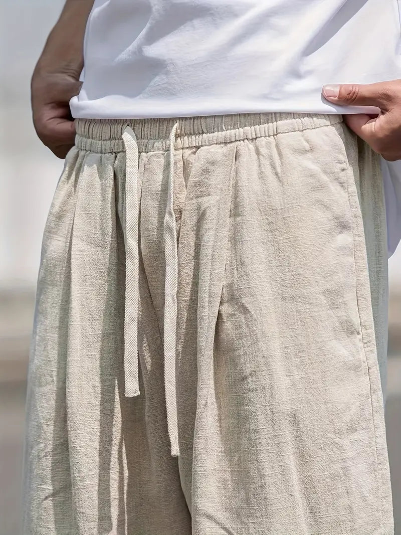 Pantaloni da uomo in lino — Gamba larga, lunghezza completa, vita elastica con coulisse