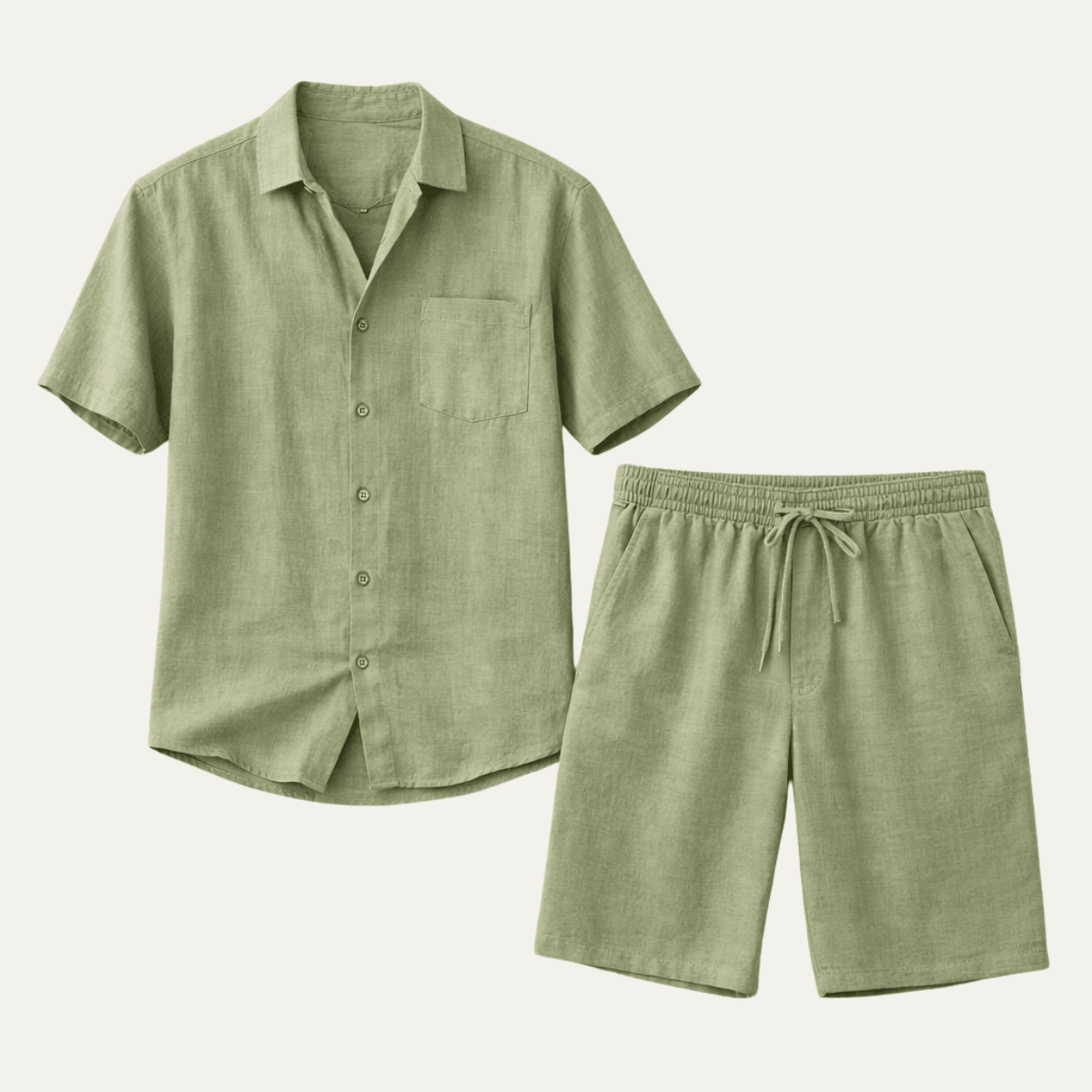 Completo da uomo in lino a due pezzi — Vestibilità rilassata, camicia a maniche corte con bottoni e pantaloncini