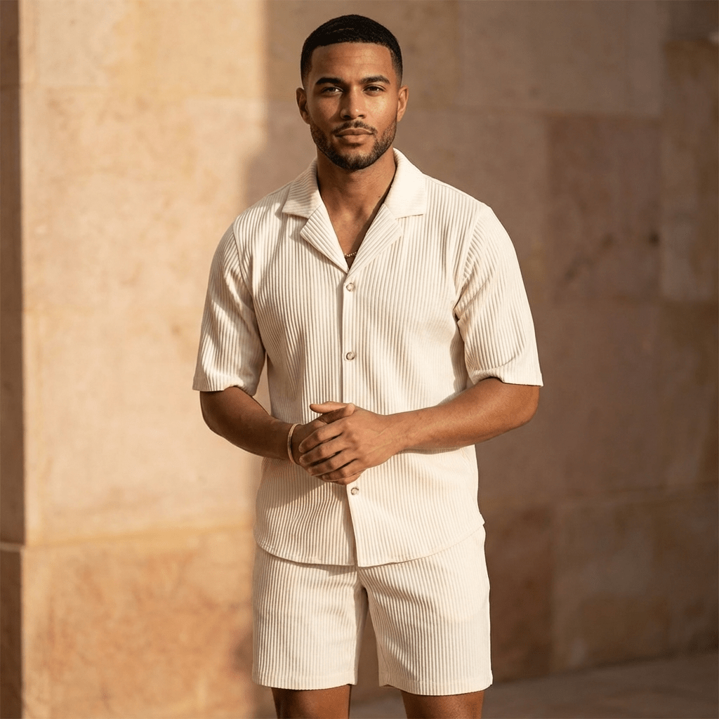 Completo da uomo in lino a due pezzi — Vestibilità rilassata, camicia a maniche corte con collo aperto e pantaloni