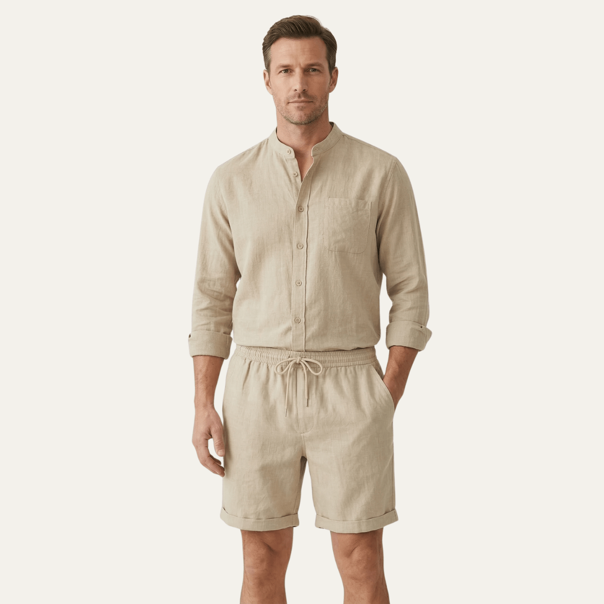 Herren Leinen Zweiteiler — Entspannte Passform, Kurzarmhemd & Shorts  