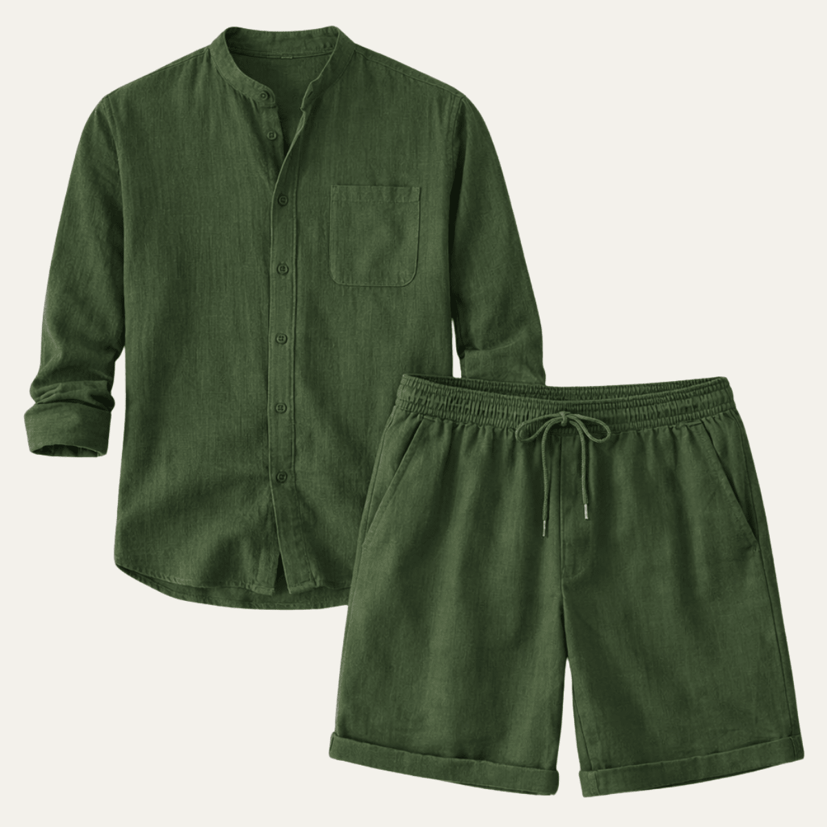 Completo da uomo in lino — Vestibilità rilassata, camicia a maniche corte e pantaloncini