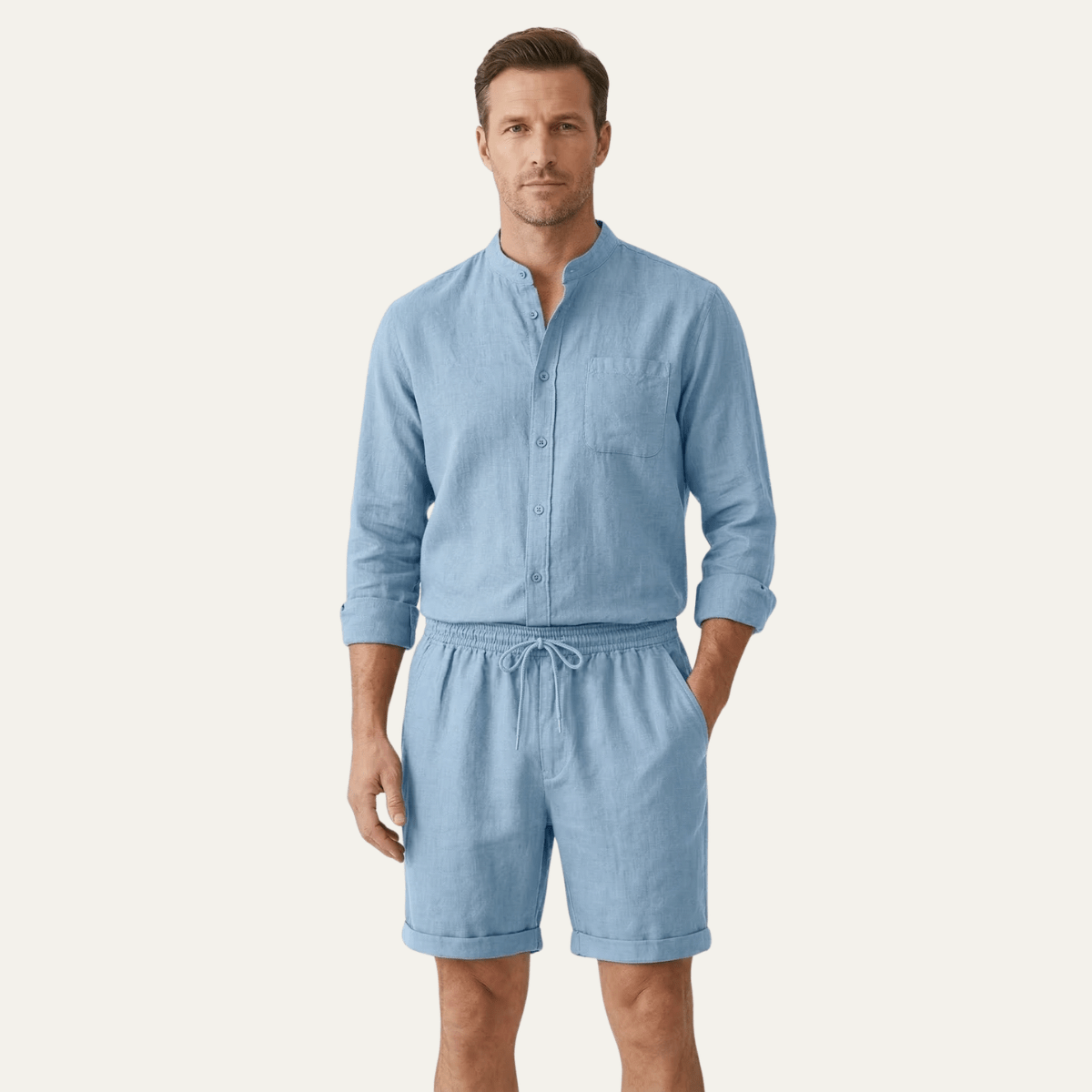 Herren Leinen Zweiteiler — Entspannte Passform, Kurzarmhemd & Shorts  