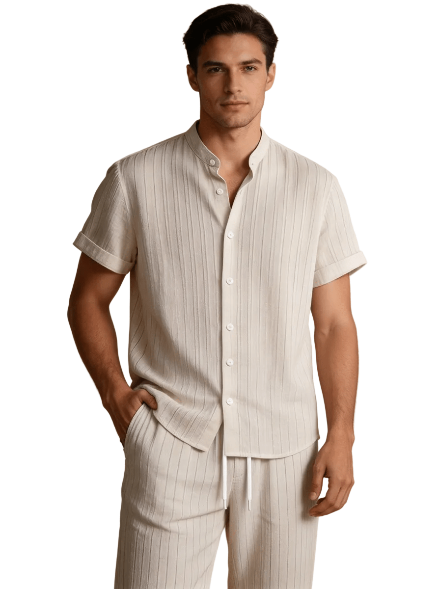 Completo da uomo in lino — Top a maniche corte e pantaloni con coulisse