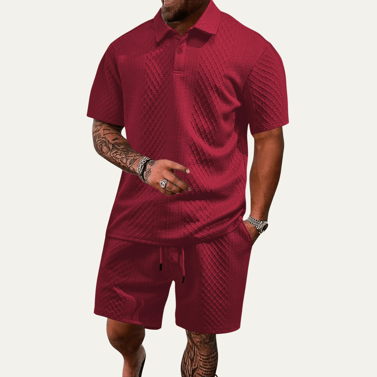 Completo polo uomo — Jacquard, maniche corte, pantaloncini con coulisse