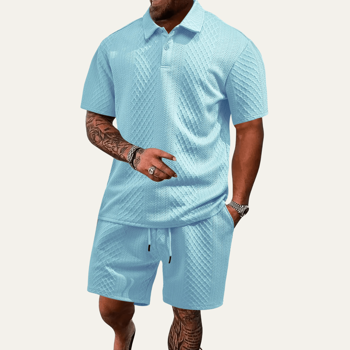 Completo polo uomo — Jacquard, maniche corte, pantaloncini con coulisse