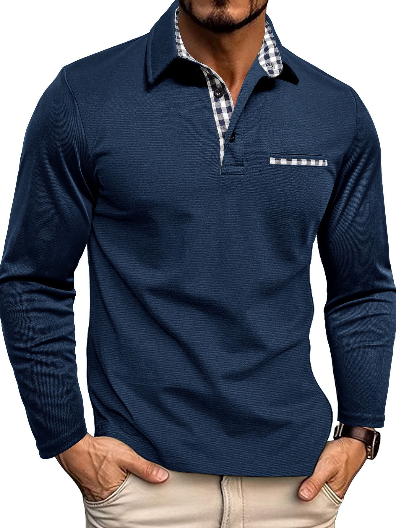 Polo da uomo — Vestibilità regolare, maniche lunghe, patta con bottoni