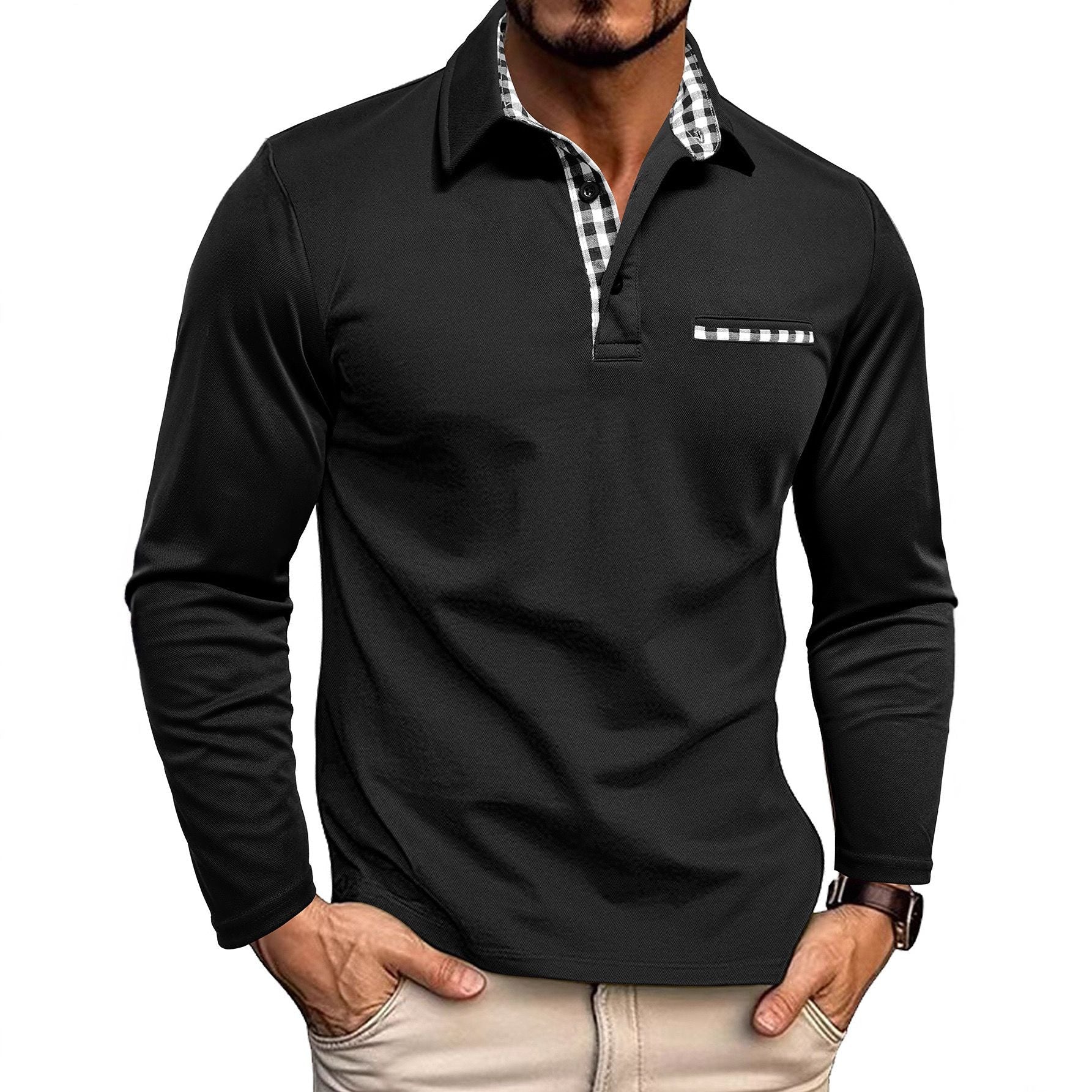 Polo da uomo — Vestibilità regolare, maniche lunghe, patta con bottoni