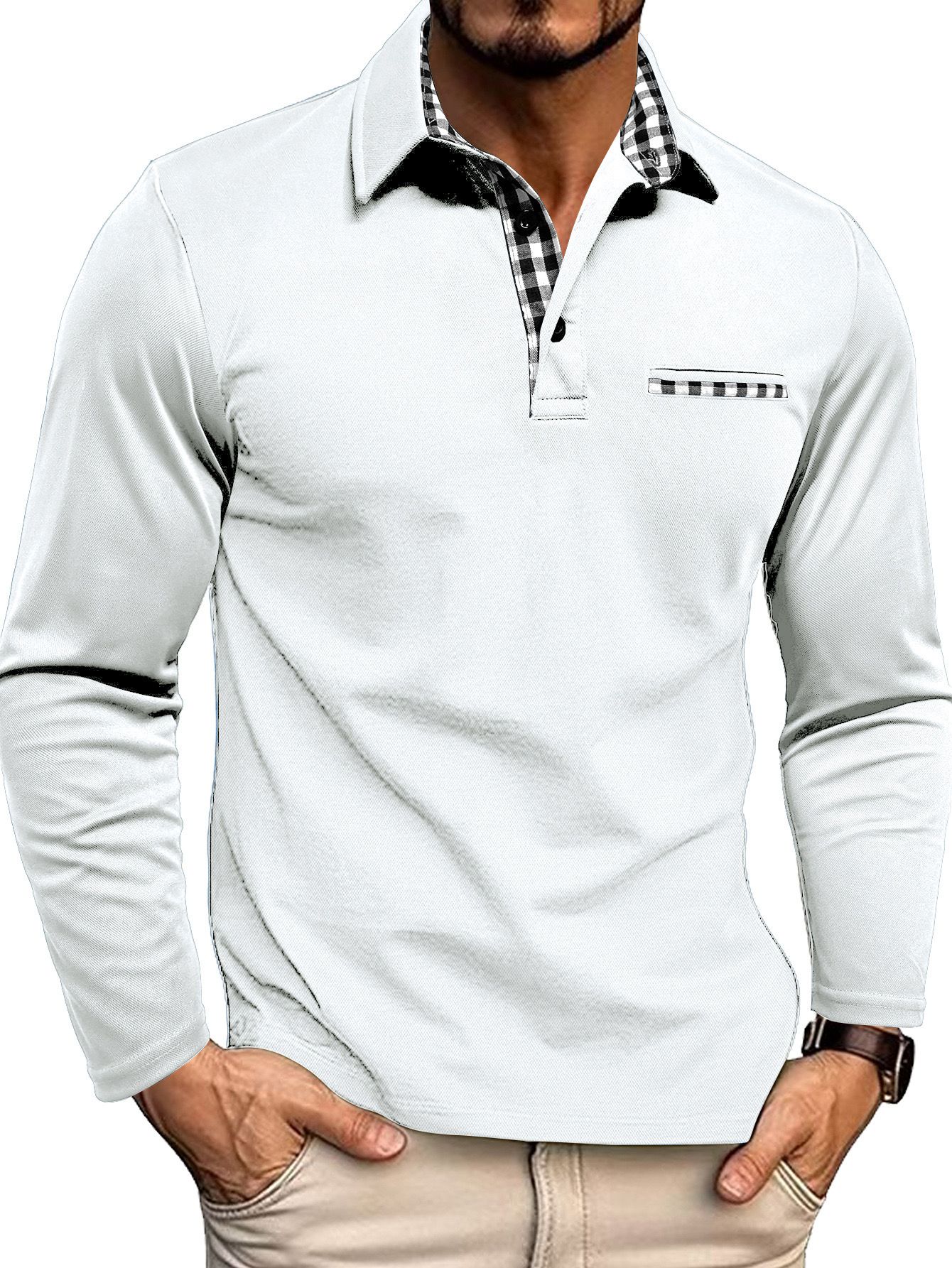 Polo da uomo — Vestibilità regolare, maniche lunghe, patta con bottoni