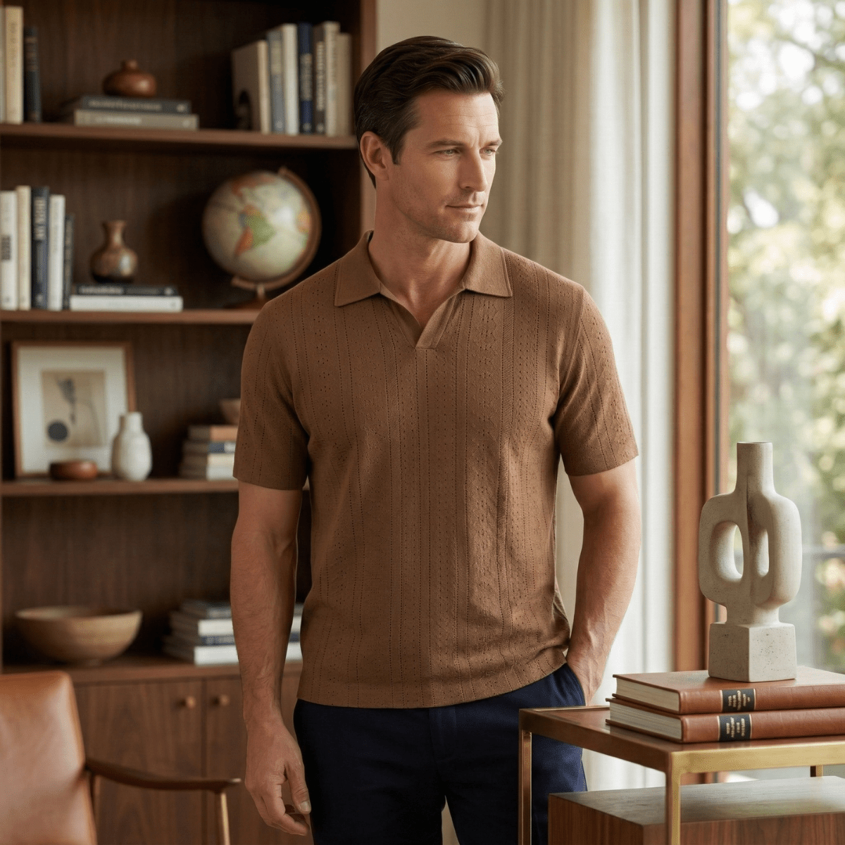 Polo Homme — Tricot Texturé Manches Courtes Col Coupe Régulière
