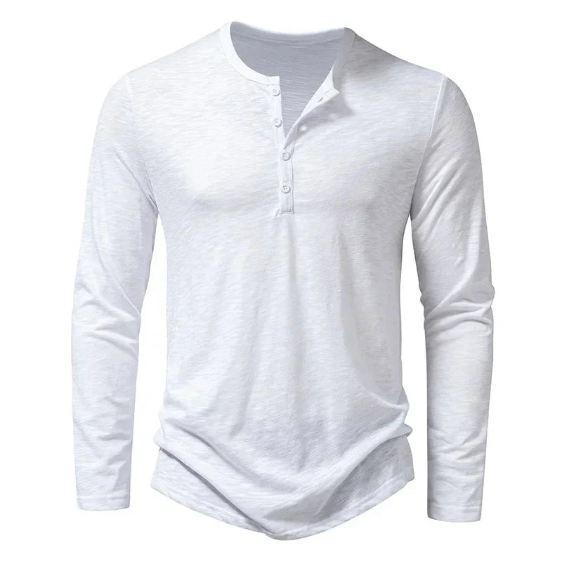 Camicia da uomo — Maniche lunghe, collo tondo, patta con bottoni