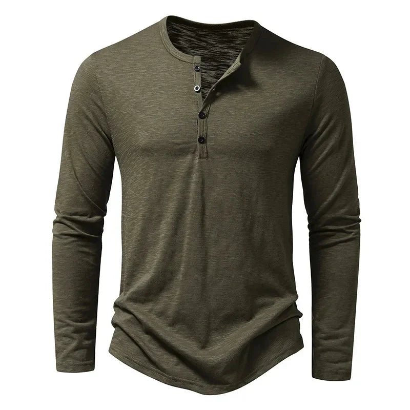 Camicia da uomo — Maniche lunghe, collo tondo, patta con bottoni