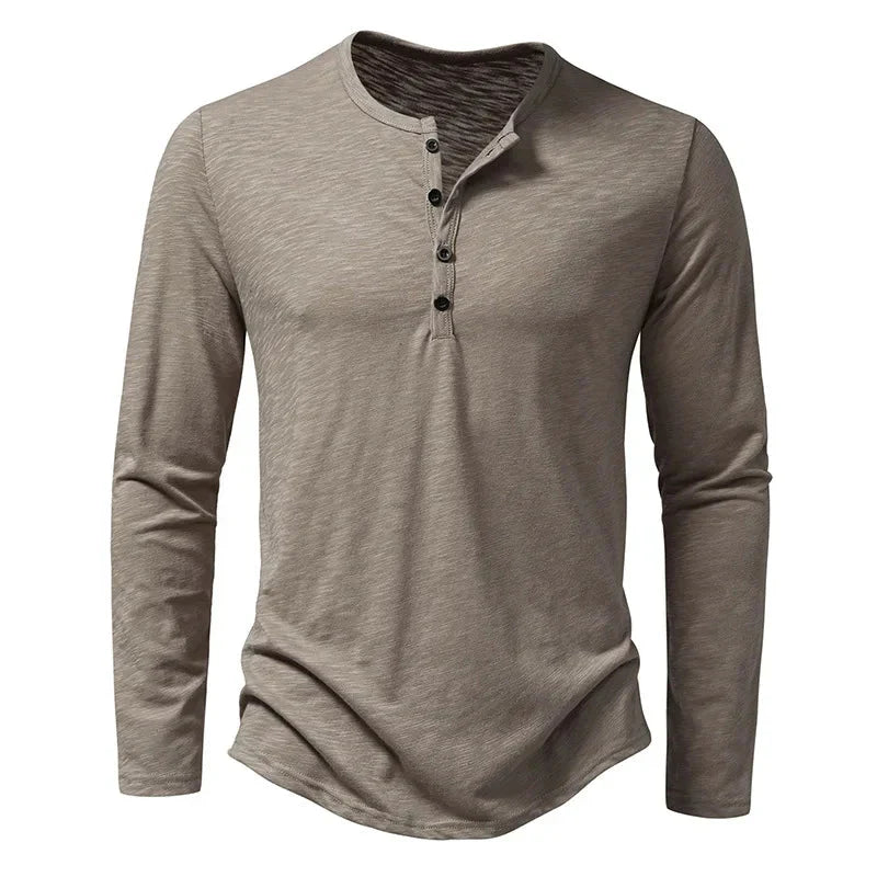 Camicia da uomo — Maniche lunghe, collo tondo, patta con bottoni