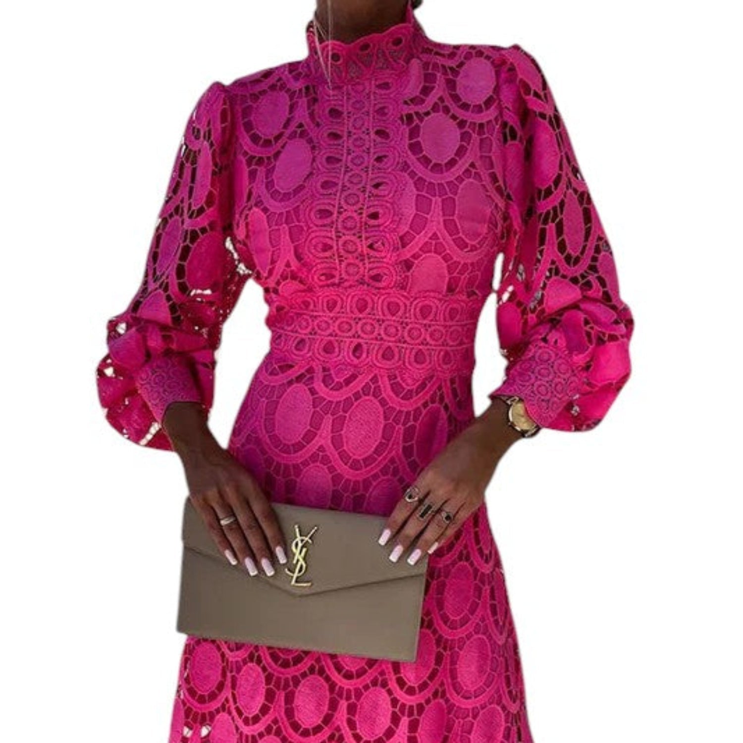 Abito midi da donna pizzo collo alto maniche a sbuffo occasioni eleganti