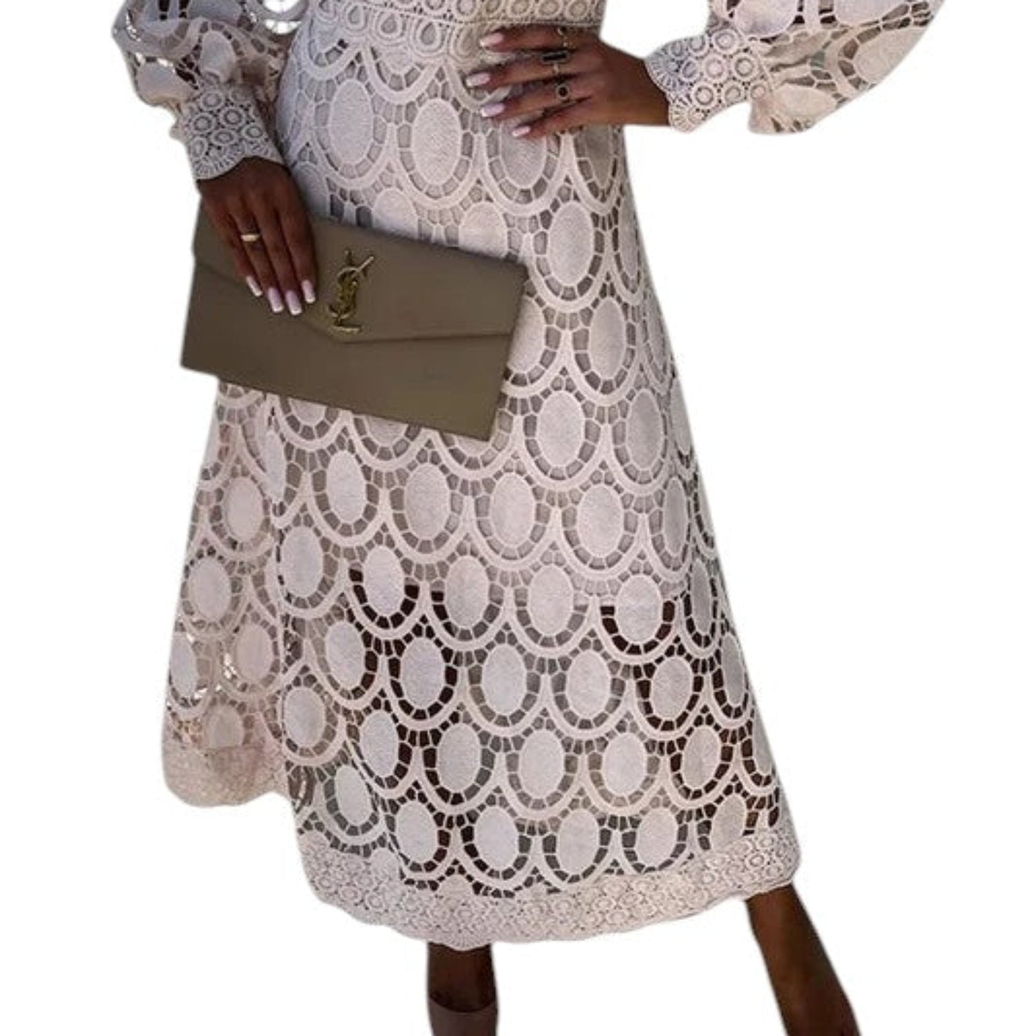 Abito midi da donna pizzo collo alto maniche a sbuffo occasioni eleganti