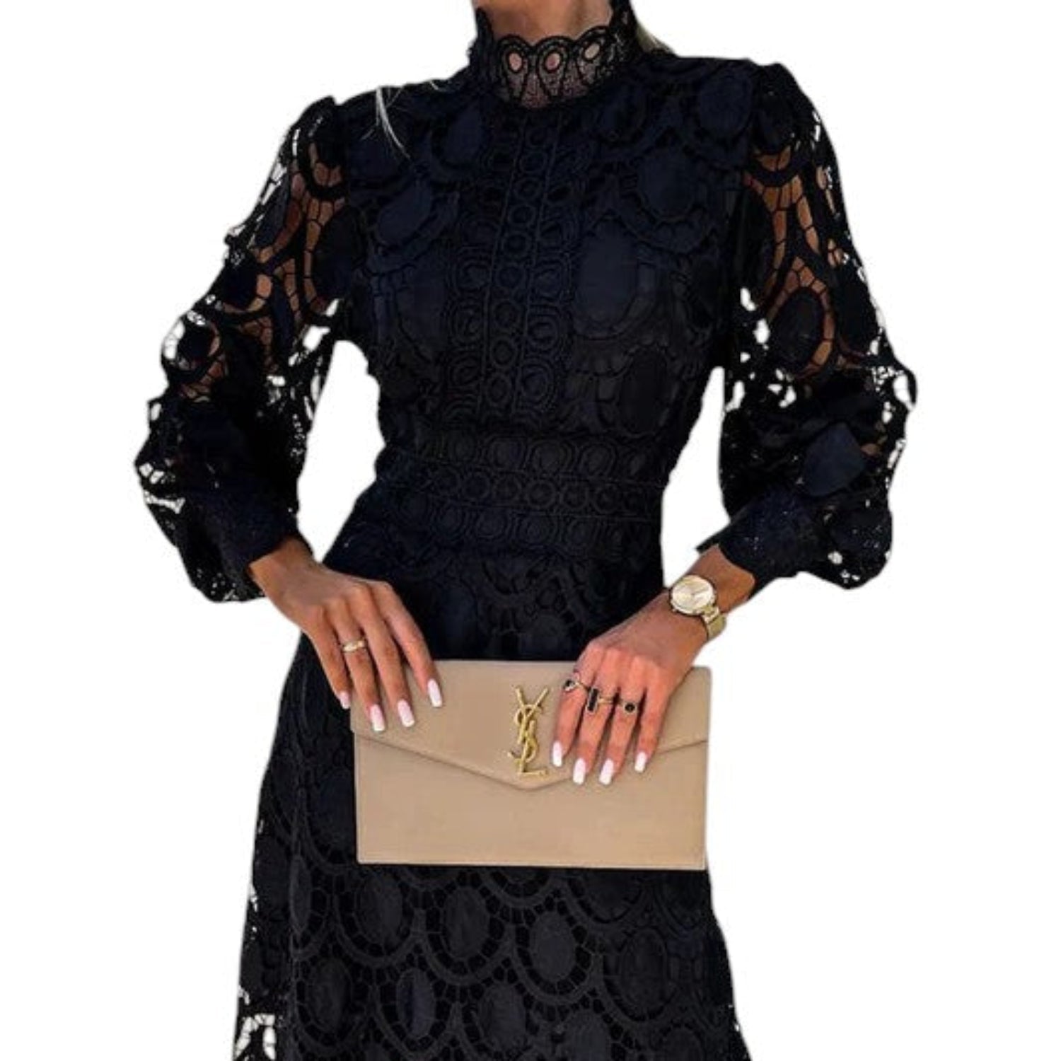 Abito midi da donna pizzo collo alto maniche a sbuffo occasioni eleganti
