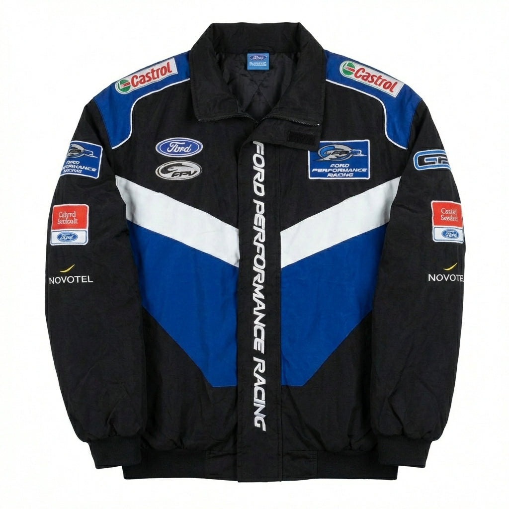 Chaqueta de Carreras Ford Performance Bordada Negra/Azul | Prenda exterior con cremallera frontal del equipo Motorsport