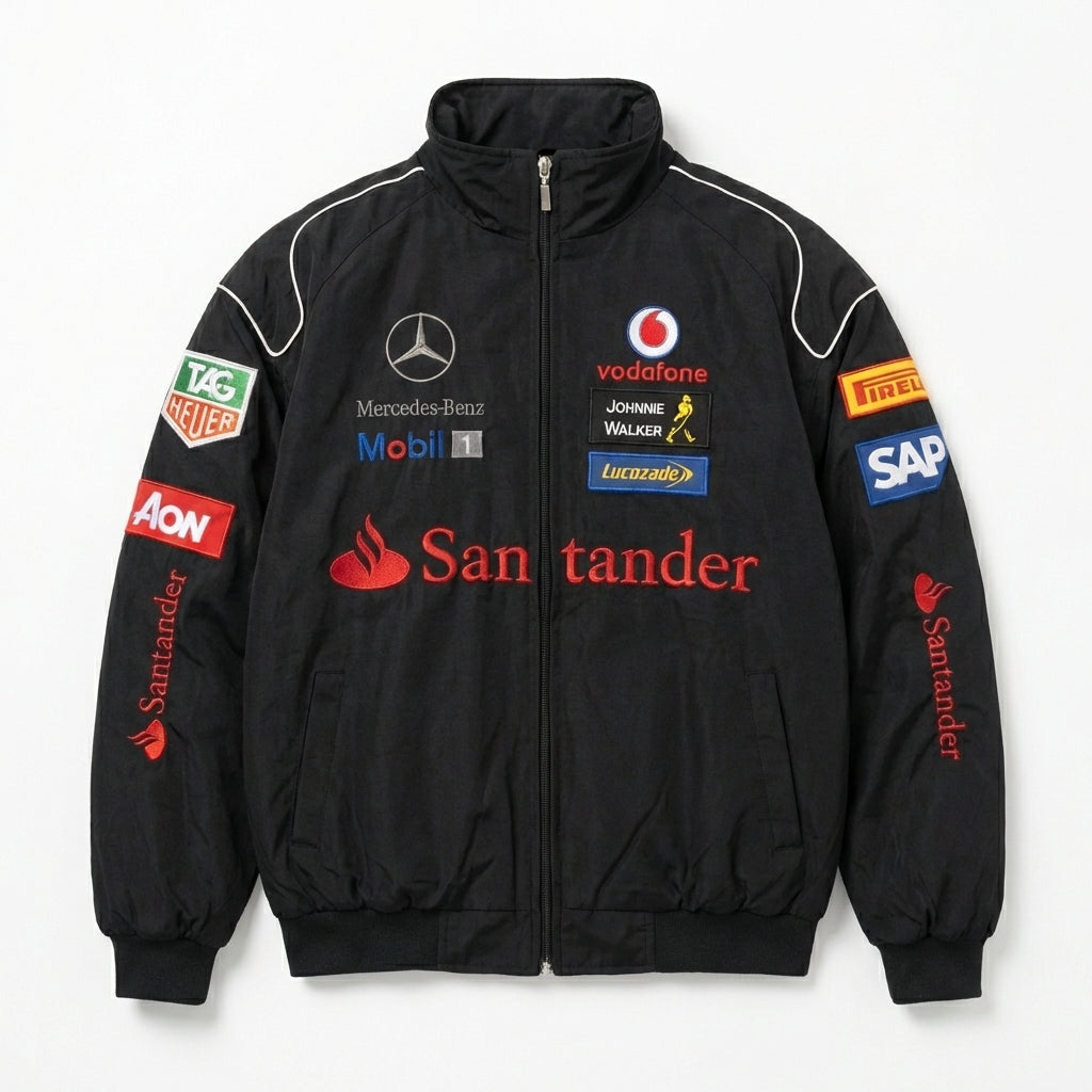 Chaqueta de Carreras Mercedes-Benz Negra | Cremallera completa con cuello alto Motorsport