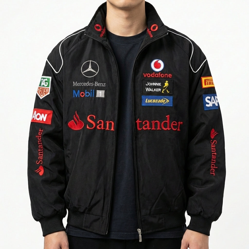 Chaqueta de Carreras Mercedes-Benz Negra | Cremallera completa con cuello alto Motorsport