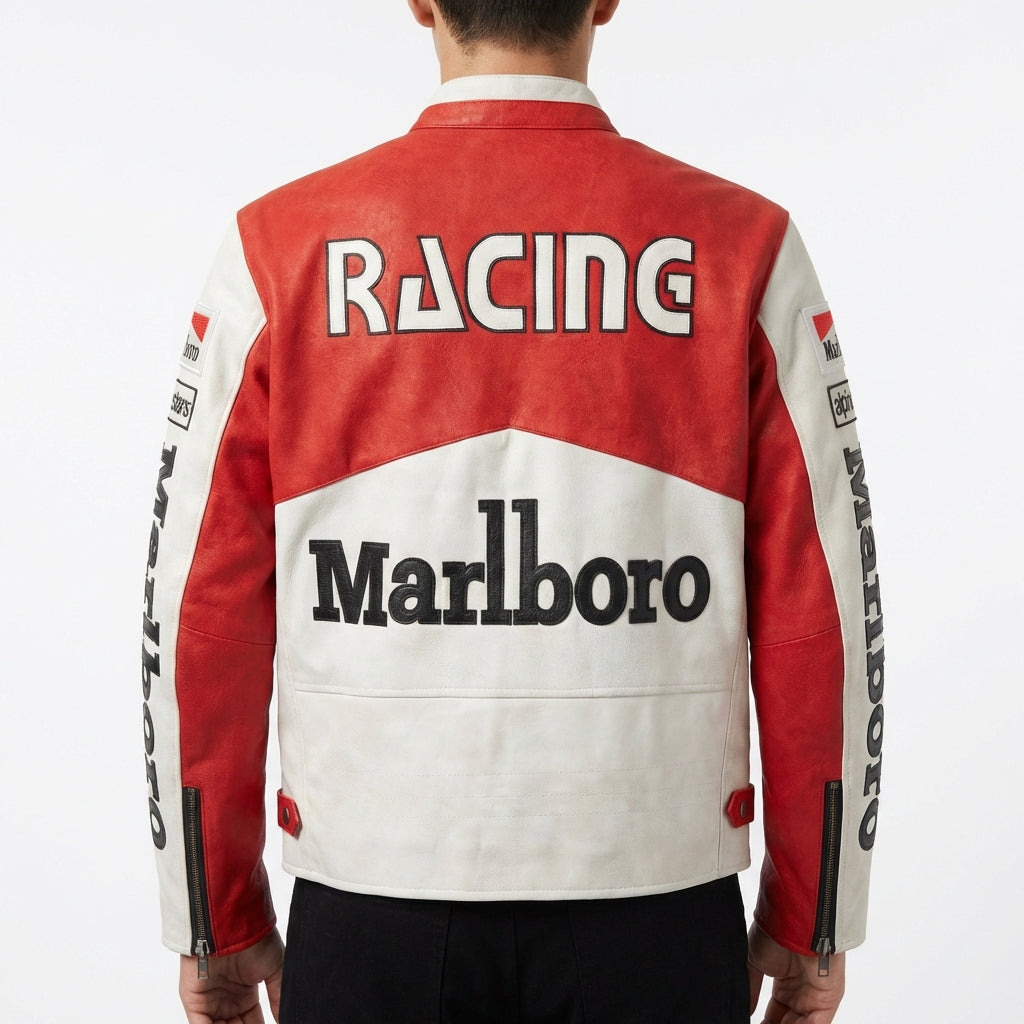 Marlboro Racing Color Block Jacke Rot Weiß | Reißverschluss vorne mit aufgenähtem Logo im Moto-Stil