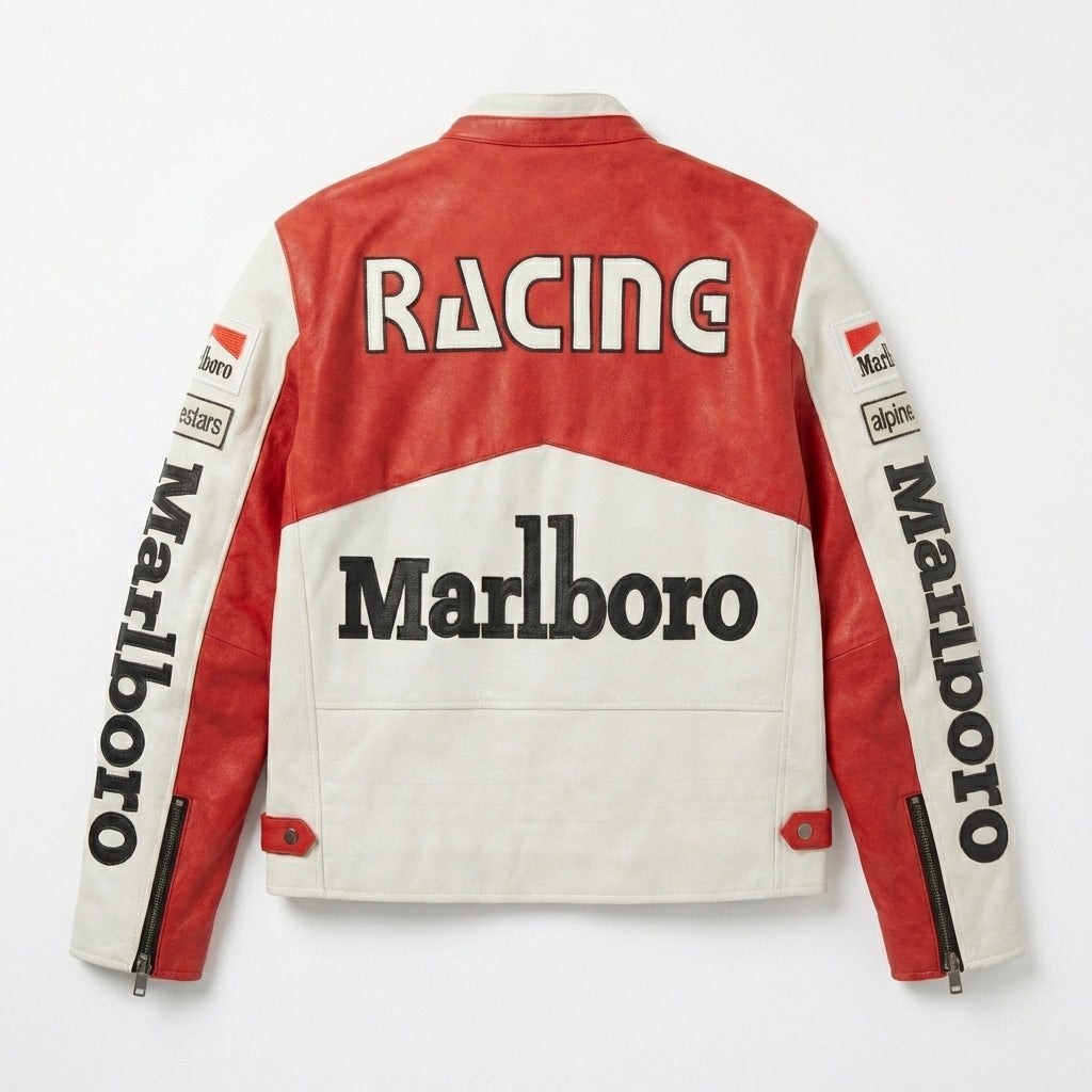 Marlboro Racing Color Block Jacke Rot Weiß | Reißverschluss vorne mit aufgenähtem Logo im Moto-Stil